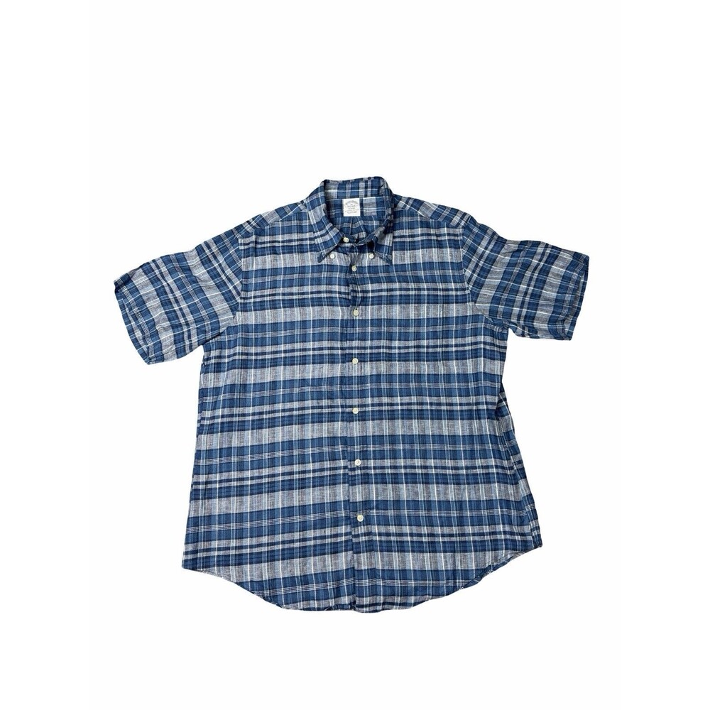 Brooks Brothers Men's XL Linen Plaid Button-Down Shirt Blue Green Brown White